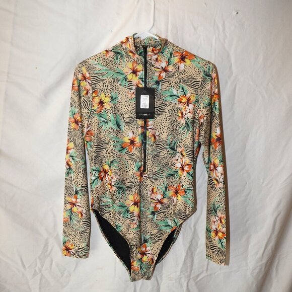 Fashionnova Tropical Floral Front Zip Rash Guard One-Piece Swimsuit NWT XL - Picture 2 of 6